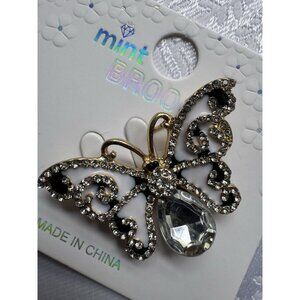 Mint Enamel Rhinestone Butterfly Brooch Black White Gold Silver  1.2" NEW